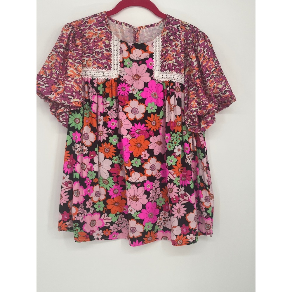 Floral Balloon Sleeve Blouse Crochet Lace Trim Women XL Pink Orange Retro Mod
